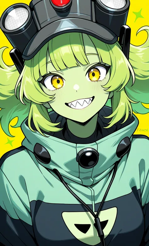 1 woman, yellow eyes(photocell),Bangs,Frizzy hair, green hair ,Light green skin,smile, with sharp teeth 