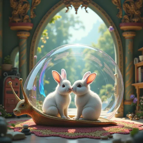 2 white bunnies sitting in a fantastic house, inside a holographic transparent snail shell with a wonderful landscape.