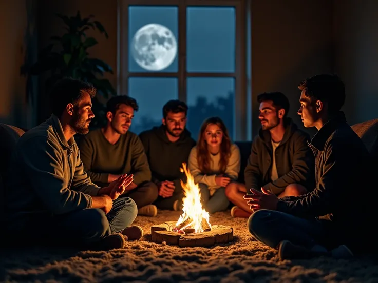 7 people were locked in a room. It was pitch black outside, the moon was high in the sky. 7 people lit a fire to warm themselves. Among them was an injured person with a bandaged left arm, leaning against another person with his eyes closed, The other 5 pe...