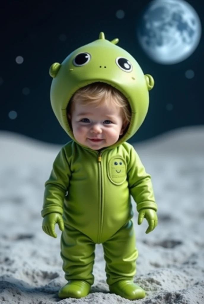 “Create an extremely realistic 4k image of a baby dressed as a cute green alien, standing and smiling with their mouth closed. The baby is on the moon, with the lunar surface and distant Earth visible in the background. The alien costume is detailed with s...