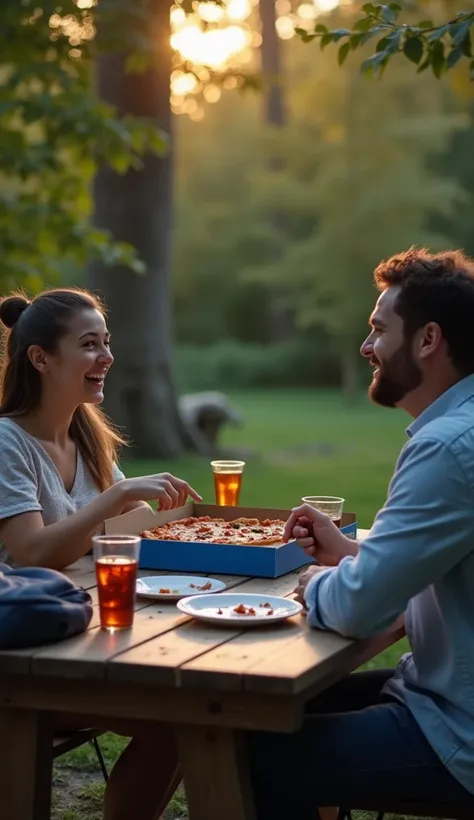 Create a realistic image of a man and a  sitting at a table in a beautiful wooded garden. It is dusk, and they both seem to be happy. You can see that there is a closed blue pizza box on the table. You can also see that there are two plates on the table wi...