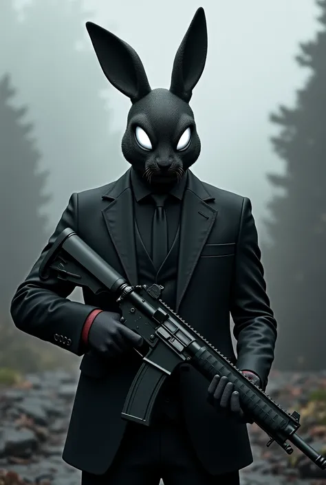 in a black suit and a scary rabbit head in pubg Mobile with balck and white head with a m24 gun