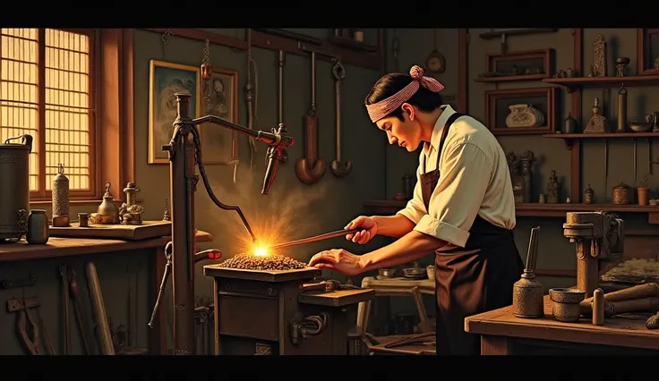 "A detailed vintage-style image of a Japanese blacksmith working in his traditional workshop. The man, wearing a traditional apron and headband, is focused on forging metal using a hammer and anvil. His shop is filled with various blacksmithing tools, glow...