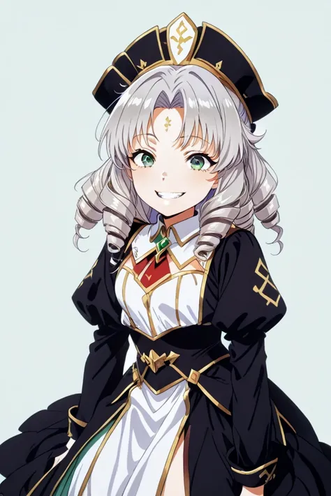 Draw an anime-style illustration　Beautiful  girl with silver hair and green eyes　Carl's drill hair　 Charming Smile 　Open your mouth and see white teeth　 fantasy clothes　Adventurer&#39;s Outfit　Equip a sword　Half of the screen is a forest or mountain in the...