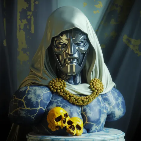 Une statue grecque du buste de Dr Doom en marbre sur un socle de porcelaine blanche. Blanc et or. Un collier de fleurs sur le buste. Photoréaliste 8k