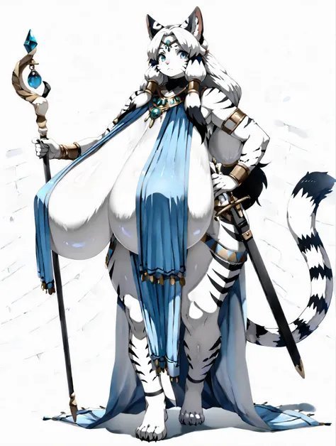 1lady, mature woman, (furry, kemono:1.5), cat girl, black stripes, animal nose, catears, cat tail, white hair, (((gigantic breasts:1.5))), ((sagging breasts)), perky breasts, wide hips, long hair, bang, sidelocks, hair tubes, barefoot, standing, staff, cas...