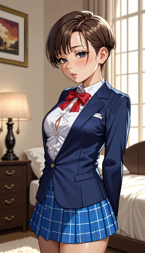 (((1girl:1.5))), Masterpiece, Best quality, amazing beauty, 4K, absurdres, finely detail, (super detailed eye), perfect anatomy, official art, cinematic lighting, BREAK, ((((Bright bedroom)))), ((Bright morning bedroom)), [silky pixie cut], [Brown hair], (...