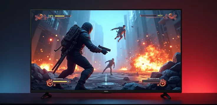 A high-energy Android TV interface displaying an action game in play mode. The screen showcases intense gameplay with a futuristic warrior, fast-paced combat, and dynamic explosions. The game environment is rich with high-definition graphics, featuring a s...