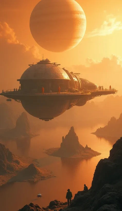 A floating colony on Titan, suspended above methane lakes with massive platforms. People in insulated, orange-tinted suits navigate using hovering vehicles while space drones explore the foggy, golden-hued atmosphere. Saturn looms large in the sky."