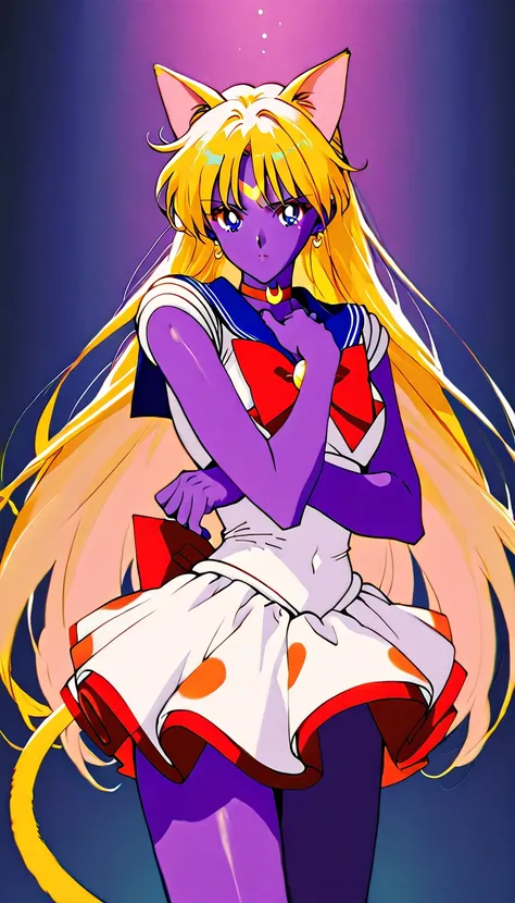  score_9, score_8_ up the side, score_7_ up the side,  Masterpiece,  high resolution, Polka dot clothes:2.0,  1 girl, Alone, ,(Minako Aino\(Sailor Moon\)),   long hair, ( Golden Hair :1.1),  ( purple skin :1.3),cat ears,cat tail,  cowboy shot