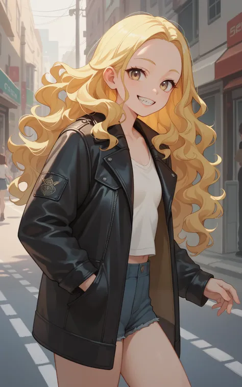 female, yellow hair, forehead, wavy hair, long hair, street, leather jacket, Smile, jagged teeth, Small Breasts, anime,