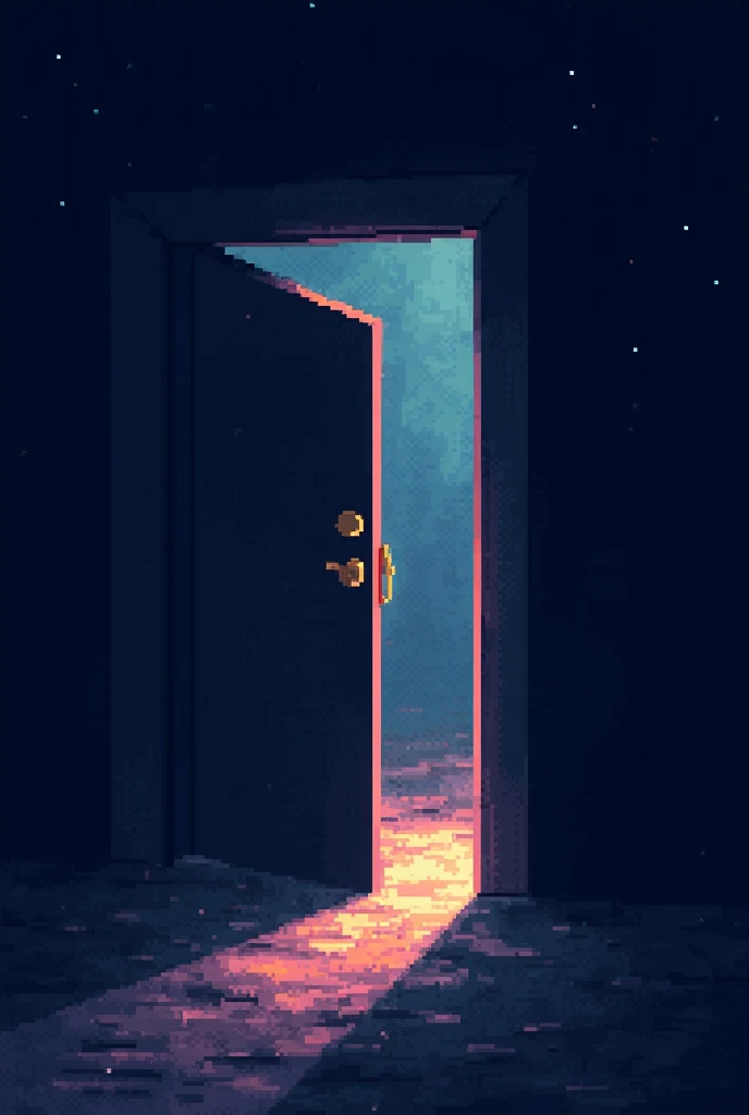 1. Porta entreaberta em um fundo abstrato (dark pixel art)

"A mysterious, slightly open door stands alone in a dark pixel art void. The edges of the door flicker with a faint, eerie glow, blending deep blues, purples, and hints of gold in a pixelated haze...