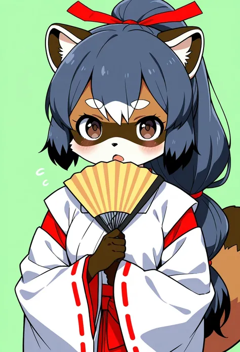 1girl, (furry, kemono:1.4), raccoon girl, animal nose, raccoon ears, raccoon tail, long hair, solo, black hair, japanese clothes, green background, high ponytail, miko, simple background, ribbon-trimmed sleeves, multi-tied hair, hand fan, red ribbon, ribbo...