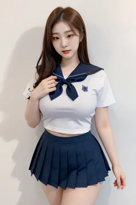 A confident young woman wearing a very short sailor-style school uniform. The outfit consists of a tight-fitting top with a classic sailor collar and a pleated mini skirt that accentuates her figure. She strikes a bold and daring pose, exuding confidence a...