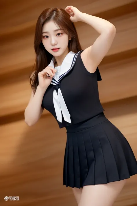 A confident young woman wearing a very short sailor-style school uniform. The outfit consists of a tight-fitting top with a classic sailor collar and a pleated mini skirt that accentuates her figure. She strikes a bold and daring pose, exuding confidence a...