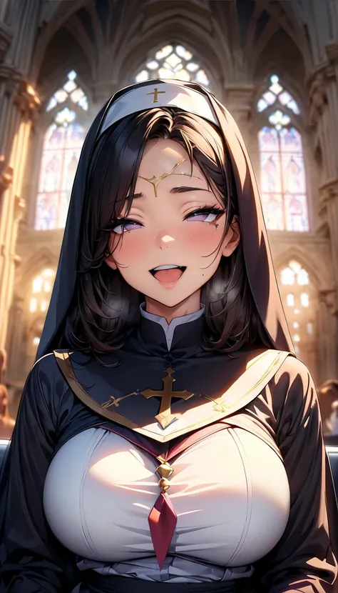  sexy nun, Curvy Body,  obscene, desire, desirerous smile,  Face Covered , Foster a sense of inferiority,  obscene eyes, Lewd smile,  open mouth ,  drools, ,  ahegao,  on the forehead, Beautiful Robe , beautiful eyelid ,  Woman Serving God ,  beautiful fac...