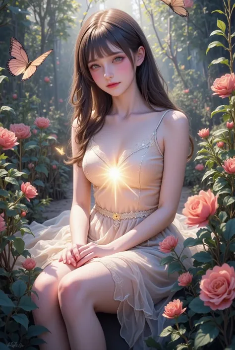  Masterpiece, ( top quality), (( BEST DETAILS )),  depth of coverage,  beautiful girl,  beautiful face, nature, Spirit,  Blossom , Colorful landscape, flower, butterfly, Glowing Dress, element