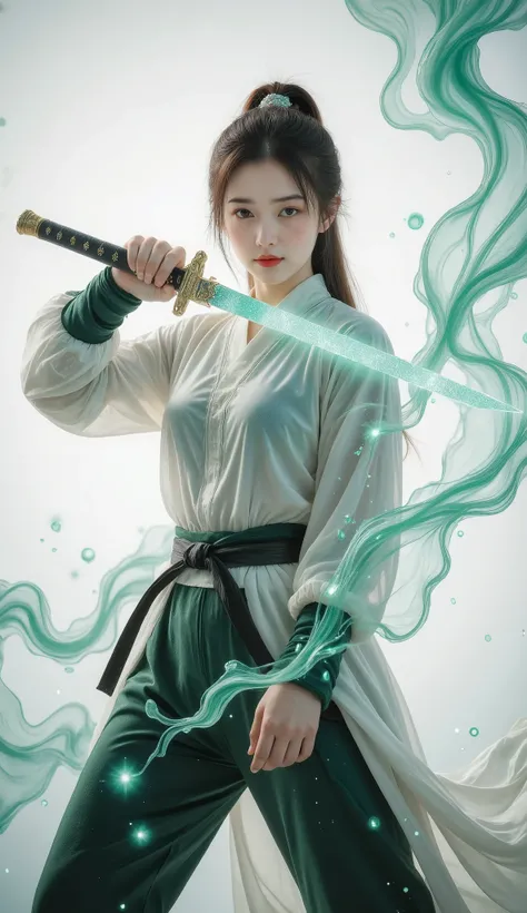 Female swordsman Jade Fractal photography,Atomic Correct,Raw, Lenses, (Clear focus:1.5), (Reality:1.4), Dusk lighting, Volumetric Lighting, Ultra-high resolution, 16K,Dramatic Lighting, White background:1.5),Glowing sword,(fighting stance),Hold the sword h...