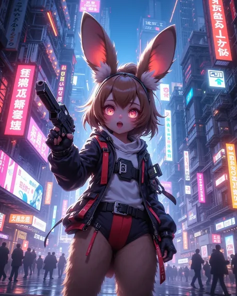 good morning night city , furry bunny girl , hand gun , Japanese anime