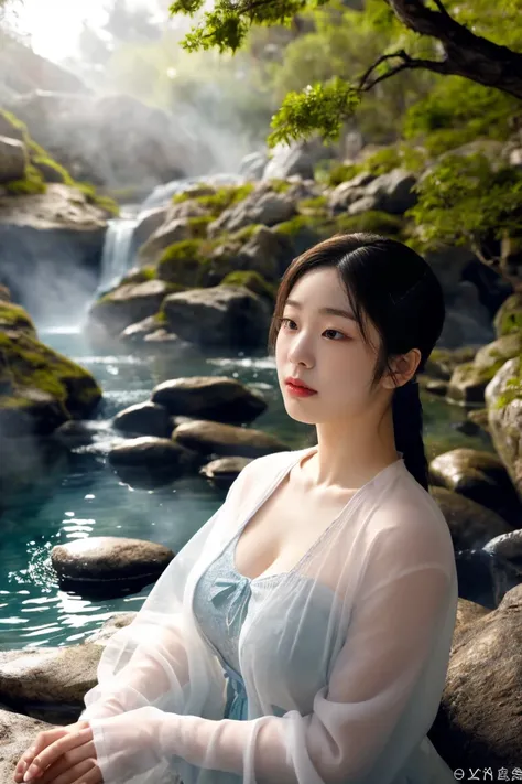 Create an artistic and tasteful scene of a person enjoying an open-air hot spring, wearing a sheer, see-through cardigan that subtly reveals their silhouette. The atmosphere is serene, with steam rising from the warm water, surrounded by natural elements l...