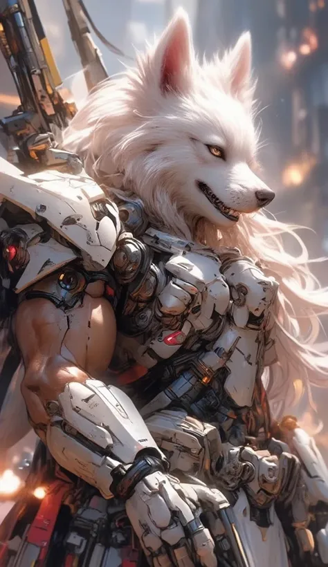  top quality, top quality, reality,High Concentration ,  pure white long-haired Samoyed dog  , Samoyed dog's smile  , Shrimp,  bodybuilders ,  holding an AK47 assault gun  ,  gangsta rapper's clothes  ,  metal mechanical armor on the shoulder ,  views of a...