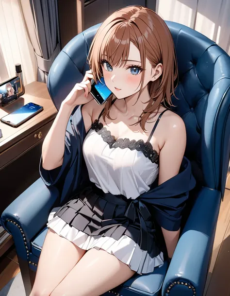   night , &#39; in the room, At the desk,  sit on a chair,   smartphone  ,  By phone,   and dye your cheeks, 12 Talents, (Misaka Mikoto),  Masterpiece:1.5,  Masterpiece, 最 high quality,  ultra high resolution, retina,  Masterpiece,  accurate anatomy,  very...