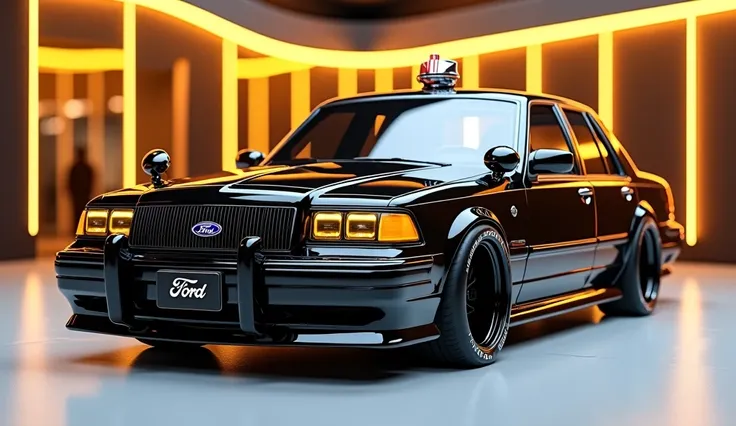 create an ultra-detailed 3D render straight backview, of a Classic 2025 Ford Crown Victoria with a bold design captured from straight backview. The car should feature a 'Gleamy black' color with a  ' Ford ' logo on its front, a large white detailed grille ...