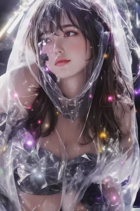 Photorealistic,best quality, highres, ultra-detailed, BREAK,hologram concert, virtual singer girl, ((Whole body translucent)),upper body only, waist-up projection,futuristic stage setup, neon lights, digital particles floating, Headset Microphonses, (very ...