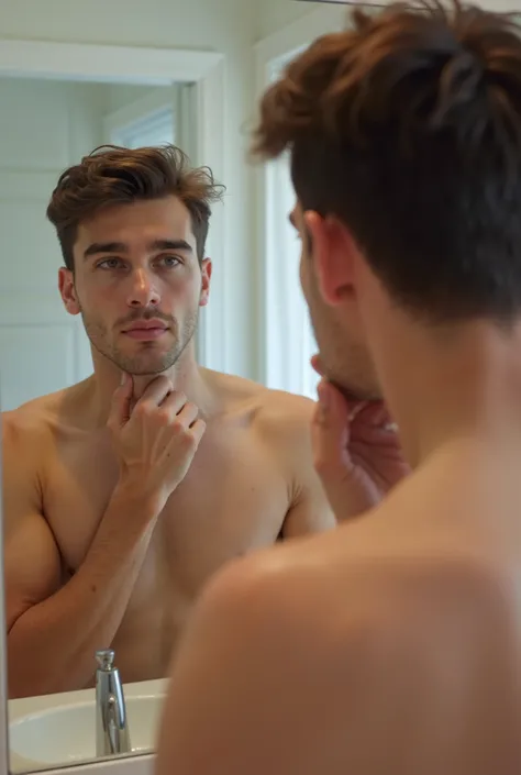 image of a man without a beard looking in the mirror touching his chin, Seen from the front clean face 