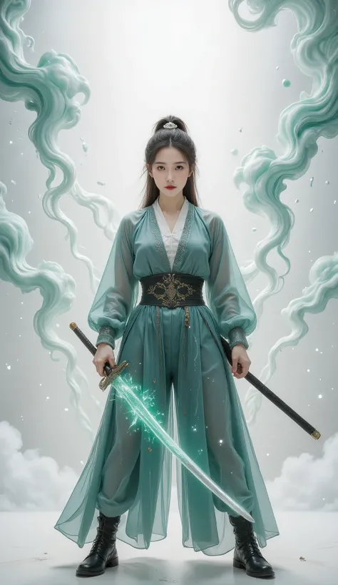 Female swordsman Jade Fractal photography,Atomic Correct,Raw, Lenses, (Clear focus:1.5), (Reality:1.4), Dusk lighting, Volumetric Lighting, Ultra-high resolution, 16K,Dramatic Lighting, White background:1.5),Glowing sword,(fighting stance),Hold the sword h...