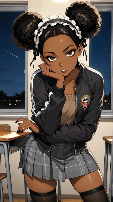 1Girl, Mature, Ebony, African American, Dark Skin, Jet Black Hair, Afro, Double Bun, Bright Brown Eyes, Black Nails, Dark Brown Eye Shadow, Make Up, Medium Chest, Brown Shirt, Black Varsity Jacket, Grey Plaid Skirt, Black High-Thigh Socks, Black Hairband, ...