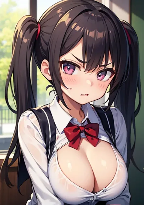 Open-hearted school uniform、 cleavage、 twin tails、Big Breasts、A little angry face