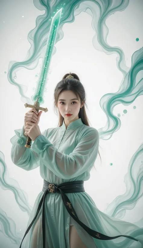 Female swordsman Jade Fractal photography,Atomic Correct,Raw, Lenses, (Clear focus:1.5), (Reality:1.4), Dusk lighting, Volumetric Lighting, Ultra-high resolution, 16K,Dramatic Lighting, White background:1.5),Glowing sword,(fighting stance),Hold the sword h...