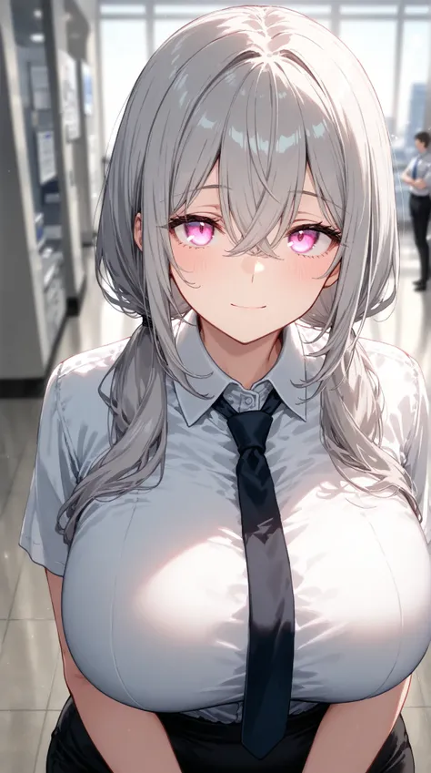 (best quality),1 adult woman, upper body,curvy, huge breasts, middle hair ,(grey hair), hairs between eyes, crossed bangs , pigtails  , office lady ,black short skirt, white short sleeve dress shirt, necktie , baby pink eyes, light smile ,office building ,...