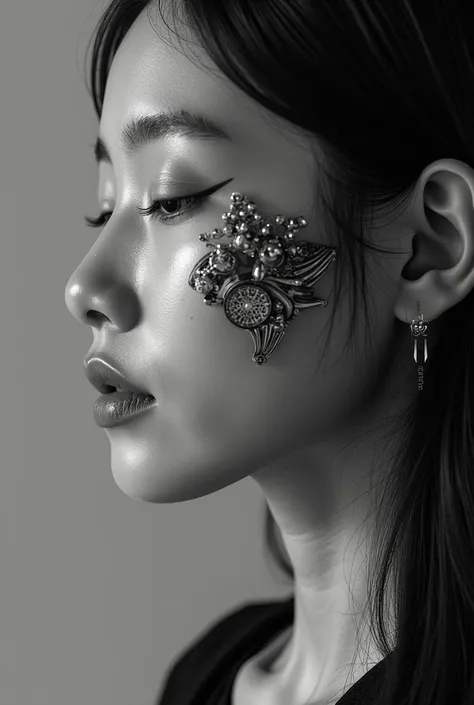 High quality black and white fine art photography of a stunning young Korean woman, captured in 3/4 profile. Serene expression with eyes closed, conveying an intimate moment of reflection, lips slightly parted. The image fuses organic and mechanical elemen...