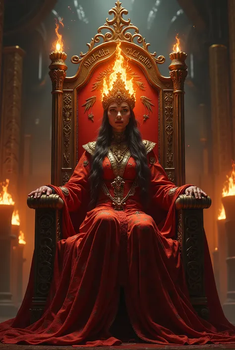 Fire Queen Sitting in a thrown  with a name on the chair saying MAL-DITA 