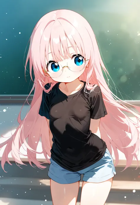 in heat face, rimless glasses ,crinkly eyes , very beautiful face ,loli,Loose fit Black T-shirt ,plain shirt, shorts , Beautiful scenery, very beautiful profile, small breasts ,curvy, Shiny hair, light particles ,｛Elementary school students｝ ,light pink ha...