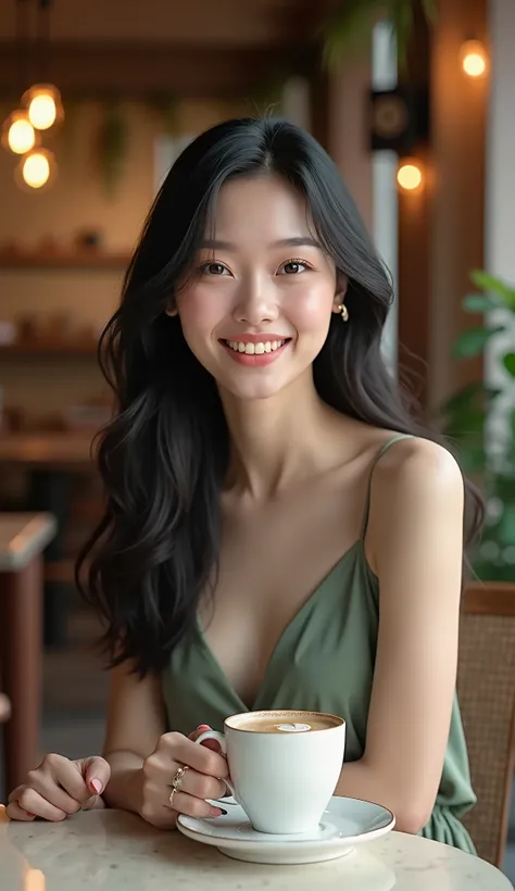 A charmingly beautiful Asian woman with a delicate, slim face and long, silky black hair sits elegantly in a cozy café. She has large, expressive eyes and a sweet, captivating smile that radiates warmth and sophistication. Her outfit is modest yet chic, co...