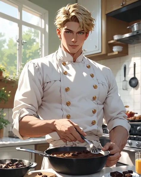 anime, 1boy, solo,mature male, chef uniform, cooking, kitchen, making chocolate, blonde hair, green eyes