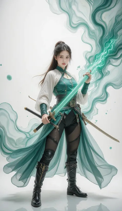 Female swordsman Jade Fractal photography，Atomic Correct,Raw, Lenses, (Clear focus:1.5), (Reality:1.4), Dusk lighting, Volumetric Lighting, Ultra-high resolution, 16K,Dramatic Lighting, White background：1.5），Glowing sword,(fighting stance),Hold the sword h...