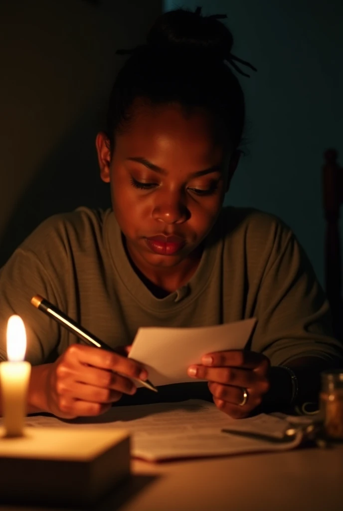 Zina, sitting under the soft glow of a candle, reads the letters. Her eyes widen in shock. Flashback overlay: Her mother, gently writing a letter, her hands placing it in the box. In an African home settings 