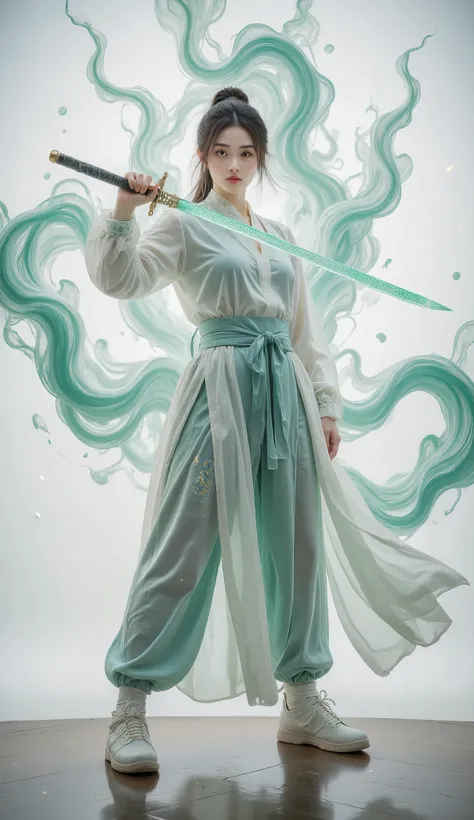 Female swordsman Jade Fractal photography，Atomic Correct,Raw, Lenses, (Clear focus:1.5), (Reality:1.4), Dusk lighting, Volumetric Lighting, Ultra-high resolution, 16K,Dramatic Lighting, White background：1.5），Glowing sword,(fighting stance),Hold the sword h...