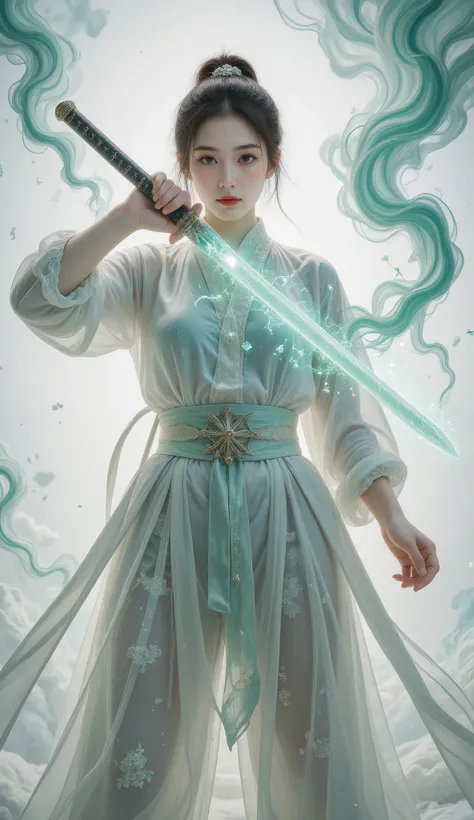 Female swordsman Jade Fractal photography,Atomic Correct,Raw, Lenses, (Clear focus:1.5), (Reality:1.4), Dusk lighting, Volumetric Lighting, Ultra-high resolution, 16K,Dramatic Lighting, White background:1.5),Glowing sword,(fighting stance),Hold the sword h...