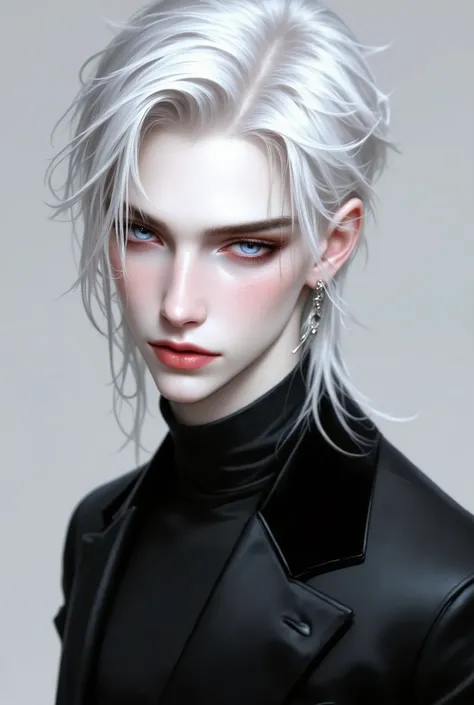 Boy, white hair, dark blue eyes, serious sharp features, white skin, shiny pink lips, perfect, handsome, wearing black clothes, high resolution, clear colors.