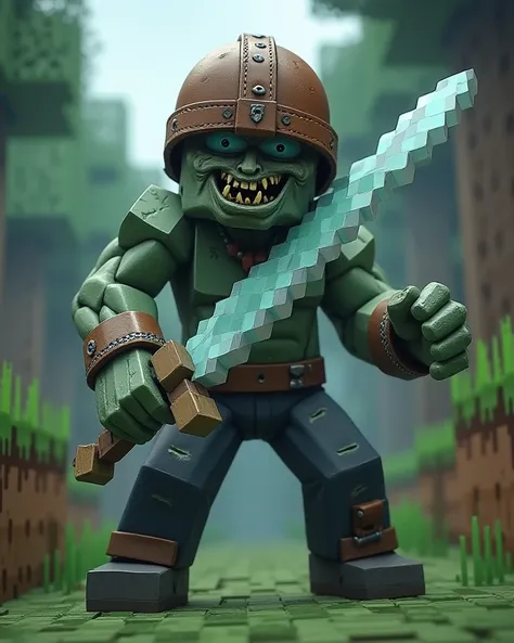 Make a zombie of " Minecraft" wearing a leather helmet and with a diamond sword in his hand.