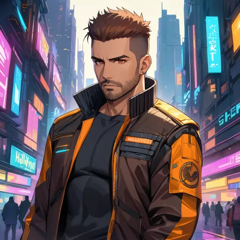  Masterpiece,  top quality, perfect face,  highest resolution,  eyes, middle aged man, chestnut brown color hair, bister color eyes,undercut hair, hollywoodian Stubble,  cyberpunk, Black body armor,  Flight Jacket , neon city,