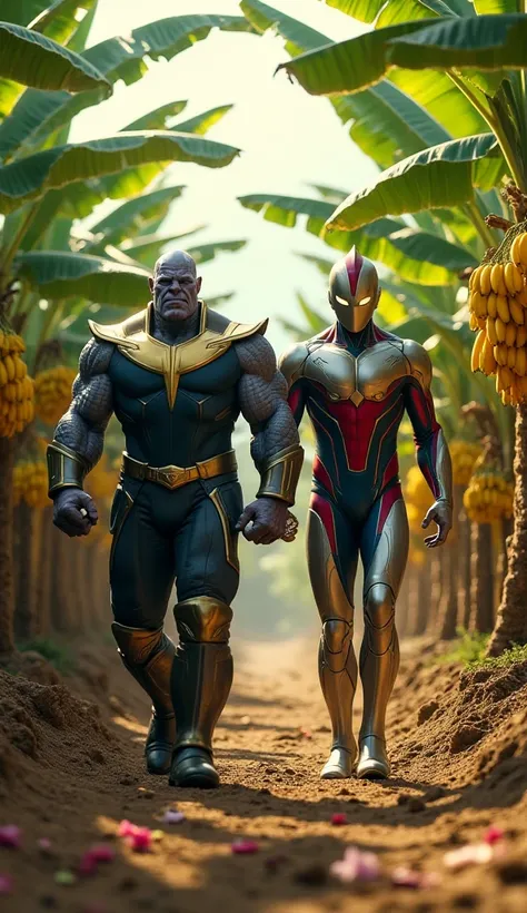 Make a picture of Thanos and Ultraman walking together in a banana plantation