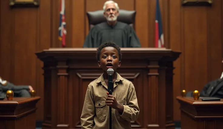  black boy in old clothes singing into a microphone in the middle of a courtroom, White judge surprised, 4K