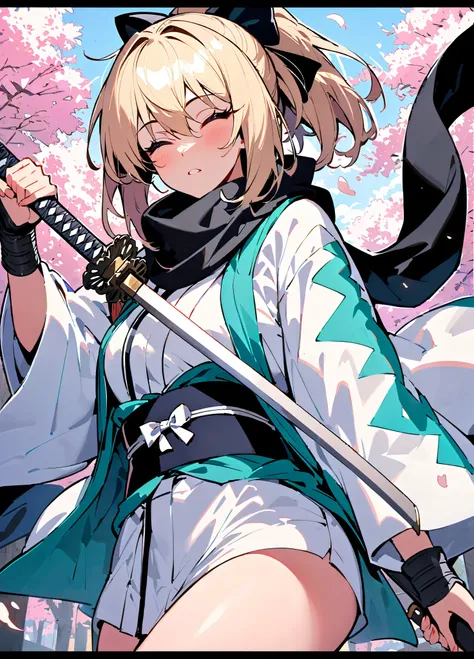 1girl, solo, okita souji\(fate\), weapon, japanese clothes, scarf, sword, cherry blossoms, kimono, blonde hair, closed eyes, black scarf, unsheathing, holding weapon, sash, katana, sheath, holding, white kimono, holding sword, obi, haori, bow, shinsengumi,...