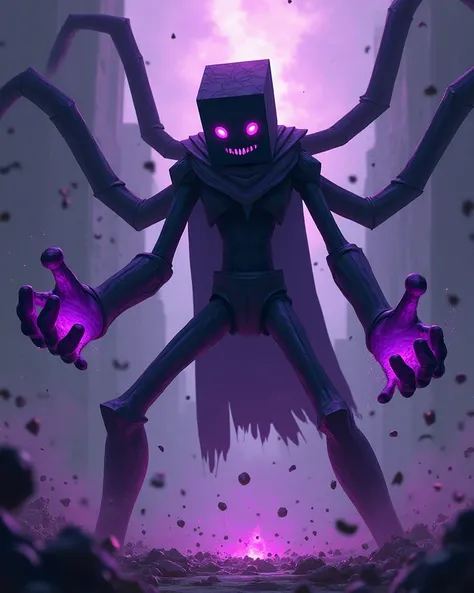 Make an Enderman of " Minecraft" wearing purple gloves with , in fighting pose. (4K anime style)